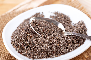Close up Chia seeds in  spoon , superfood and rich of nutrient an antioxidant