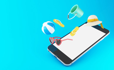 3d flip flops, sunglasses, beach ball and straw hat on a smartphone.