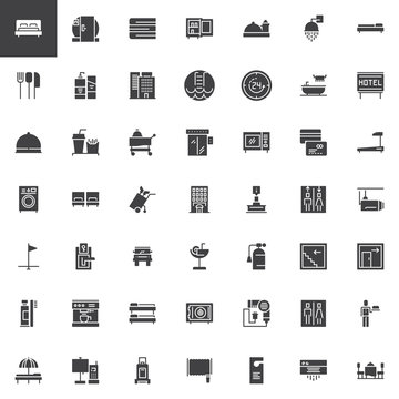 Hotel vector icons set, modern solid symbol collection, filled style pictogram pack. Signs, logo illustration. Set includes icons as Double Bed Room, Mini bar, Room Service, Customer, Bell Reception