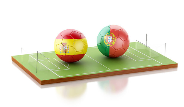3d Soccer field with Spain and Portugal soccer ball.