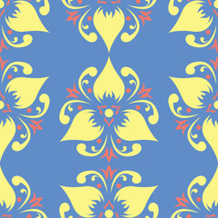 Fototapeta na wymiar Floral seamless pattern. Blue background with colored flower elements