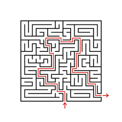 Black square maze with entrance and exit. A game for children and adults. Simple flat vector illustration isolated on white background. With the answer.