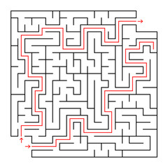 A square labyrinth. Choose the right way to get out of the maze. Simple flat vector isolated illustration. With a place for your drawings. With the answer.