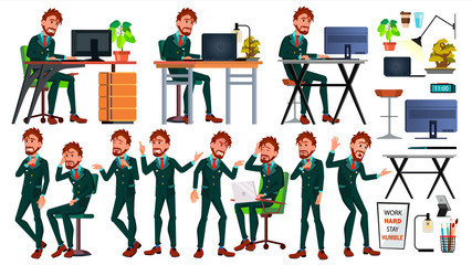 Fototapeta premium Office European Worker Vector. Face Emotions. Businessman Person. Poses. Front, Side View. Smiling Executive, Servant, Workman, Officer. Isolated Character Illustration