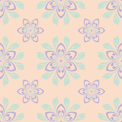 Fototapeta na wymiar Floral seamless pattern. Beige background with violet and blue flower elements