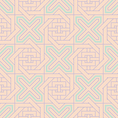 Seamless pattern with geometric design. Violet and blue elements on pale pink background