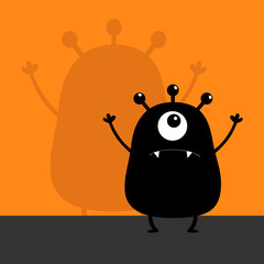 Obraz premium Monster black silhouette looking up. Wall shadow shade. One eye, teeth fang, spooky hands up. Funny Cute cartoon baby character. Happy Halloween. Flat design. Orange background.