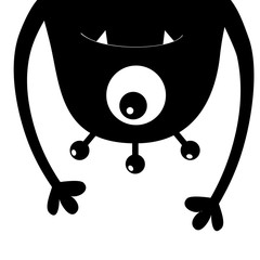 Obraz premium Monster head silhouette. One eye, teeth, fang, hands. Hanging upside down. Black Funny Cute cartoon character. Baby collection. Happy Halloween card. Flat design. White background. Isolated.