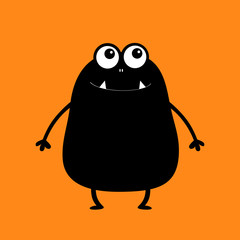 Black monster silhouette. Cute cartoon scary funny character. Baby collection. Two eyes, fang tooth, hands. Isolated. Orange background. Happy Halloween card. Flat design.