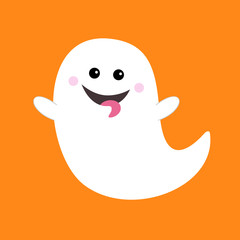 Flying ghost spirit showing tongue. Boo. Happy Halloween. Scary white ghosts. Cute cartoon spooky character. Smiling face, hands. Orange background Greeting card. Flat design.