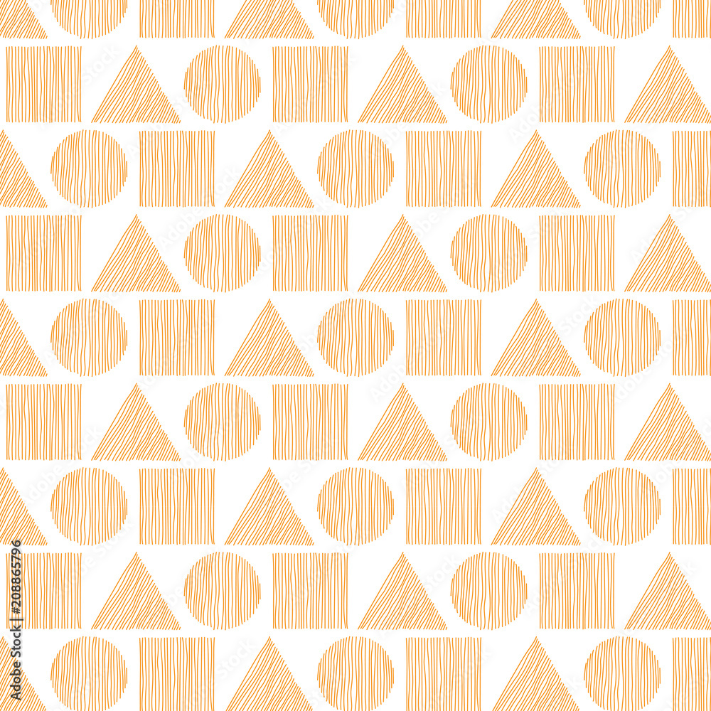 Poster seamless orange triangle, cicle and square hand drawn a pattern on white background. geometric abstr