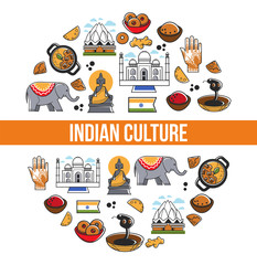 Indian culture promo poster with national symbols set