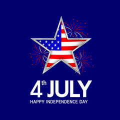 Obraz premium Happy 4th of july, independence day of the usa. Flag in star shape with fireworks celebration. Illustration isolated on blue background.