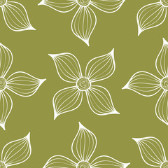 White floral seamless pattern on olive green background