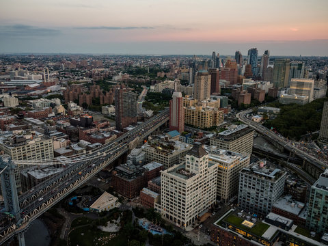 Aerial perspective of Downtown Brooklyn at sunset.