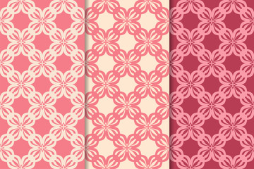 Set of red floral ornaments. Cherry pink vertical seamless patterns