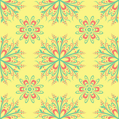 Fototapeta na wymiar Floral seamless pattern. Bright colored background with pink and green flower elements