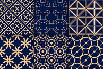 Golden geometric seamless patterns on blue backgrounds - 208867718
