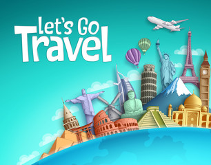 Let's go travel vector banner background design with world famous travel destination and tourist landmarks of cities in blue background. Vector illustration.   © AmazeinDesign