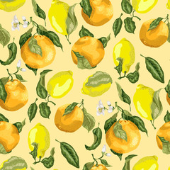 Juicy citrus fruits in a seamless pattern with blooming oranges and juicy lemons on the branches with leaves in realistic graphic vector illustration