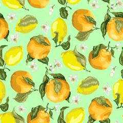 Juicy citrus fruits in a seamless pattern with blooming oranges and juicy lemons on the branches with leaves in realistic graphic vector illustration