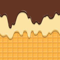 Pattern waffle texture melts frosting ice cream dripping. Glossy streaks chocolate vanilla cream crispy cone. Cartoon picture for web, advertising, banner, business card. Vector illustration.