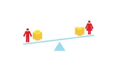 Vector image of a man and woman balancing on scales with coins, depicting the gender pay gap