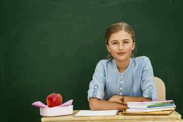 Beatiful smiling pupil in classroom at the elementary school, back to school.