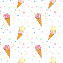Seamless pattern of shining fruit ice cream on white background with stars and circles. Cartoon illustration for web, site, advertising, banner, poster, flyer, business card. Vector illustration.