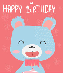 hand drawn cartoon cute bear holding a  gift box for birthday card