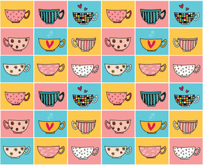 doodle hand drawing coffee cups in different designs on colour vintage background pattern seamless	