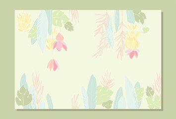 Tropical leaves with banana branches. Plants from the jungle and banana flowers. Leaves Monstera. Summer print.
