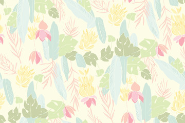 Tropical leaves with banana branches. Plants from the jungle and banana flowers. Leaves Monstera. Summer print.
