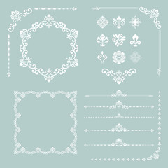 Vintage set of horizontal, square and round elements. Different elements for decoration design, frames, cards, menus, backgrounds and monograms. Classic white patterns. Set of vintage patterns