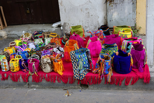 Cartagena, Colombia, Colombian souvenir bags. Popular bag-bags (Mochila) with a long beach-type handle made of fabric, tightened with a rope.