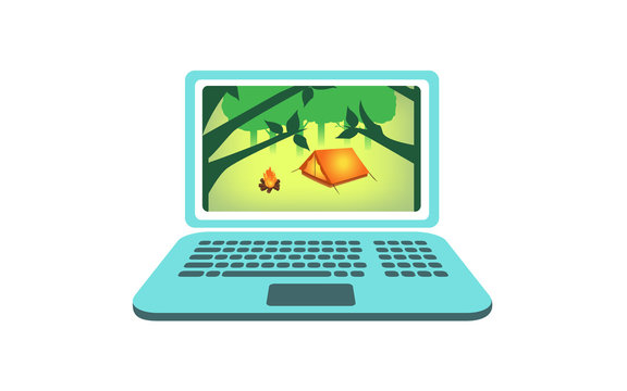 Vector image of a woodland camping scene on a laptop