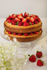 Homemade strawberry cake on a glass stand on the white background.