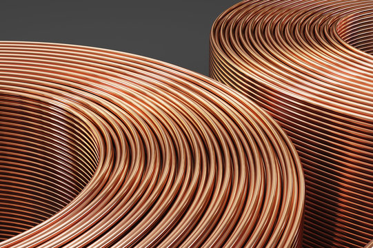 Spiral copper pipes and copper tubes. 3D illustration
