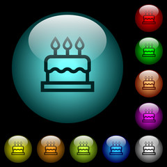 Birthday cake icons in color illuminated glass buttons