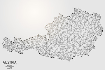 A map of Austria consisting of 3D triangles, lines, points, and connections. Vector illustration of the EPS 10.
