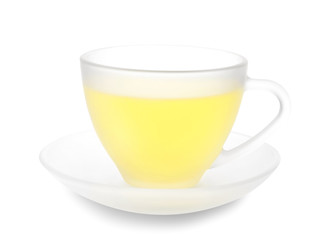 Cup of hot yellow tea on white background