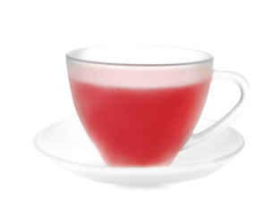 Cup of hot hibiscus tea on white background