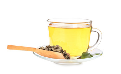 Cup of hot green tea on white background