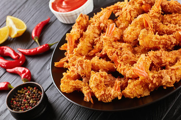 close-up of crunchy corn flakes breaded shrimps