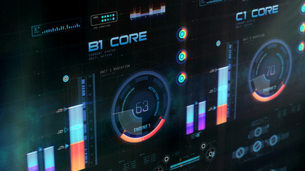 Engine data on futuristic screen, spacecraft flight information in control room. 3D illustration