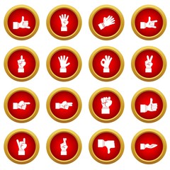 Hand gesture icon red circle set isolated on white background