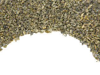 Dry tea leaves on white background, top view