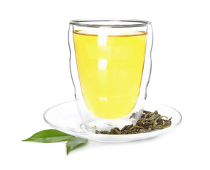 Glass with delicious green tea on white background