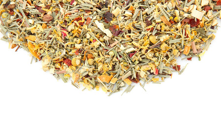 Dry herbal tea on white background, top view