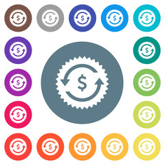 Fototapeta na wymiar Dollar pay back guarantee sticker flat white icons on round color backgrounds